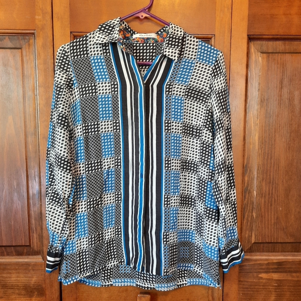 Robert Graham 100% Silk Mixed Print Patchwork Pattern Button Up Blouse Size S